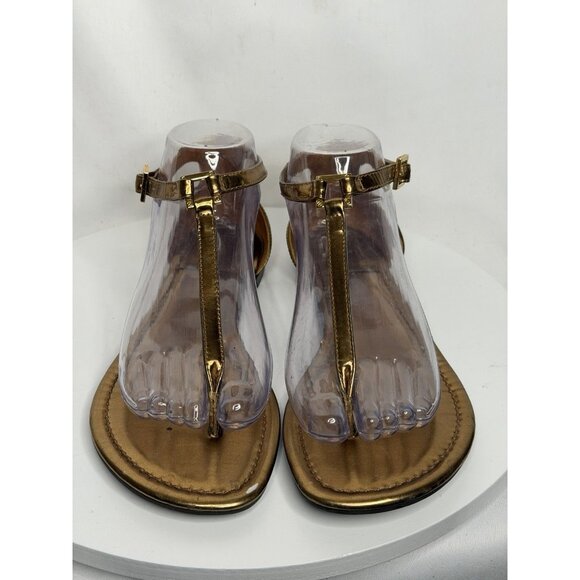 Tory Burch Metallic Leather T Strap Thong Sandals US 7.5 Gold Logo Flats - Picture 1 of 9
